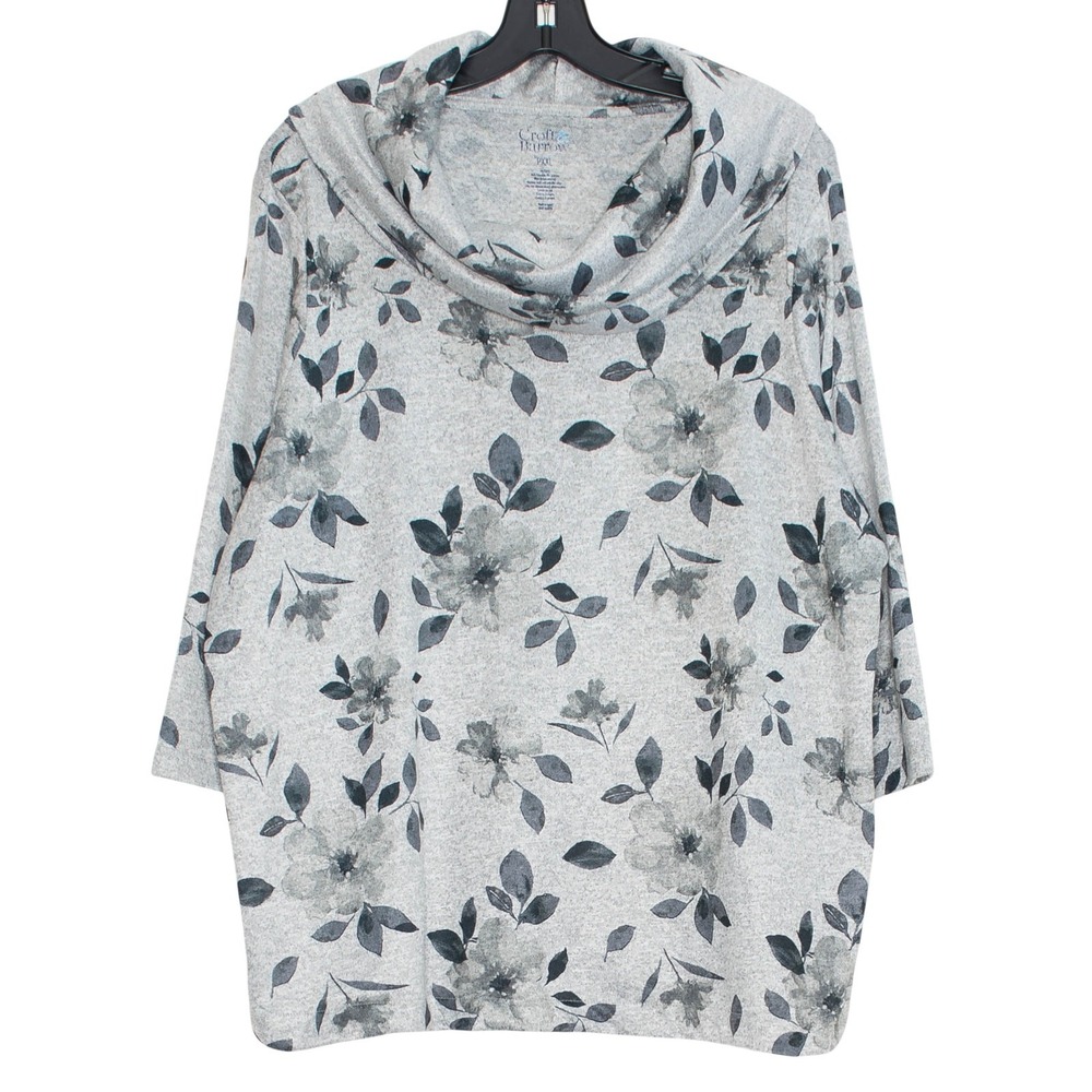 Croft & Barrow Top 3/4 Sleeve Floral Cowl Neck Cottage Boho Casual Gray PXXL